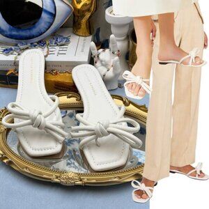 🆕 LOEFFLER RANDALL 🧿 NWOB Hadley Leather Bow Flat Sandals, White - Sz 6.5 B